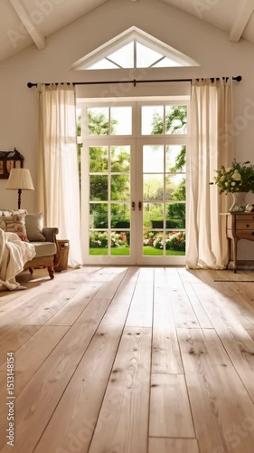 Bright interior with garden view featuring a cozy armchair, flower arrangement, and light-filled room with french doors and wooden floorboards.