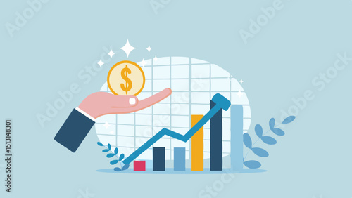 Illustration of a hand holding a dollar coin with an upward trending graph in the background shown