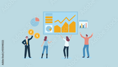 People celebrating financial growth with charts and coins in a light blue background illustration style