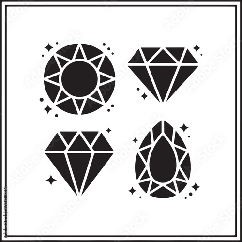 Set of Geometric Gemstone Silhouettes – Diamond, Round, Teardrop, and Emerald Cut Icons