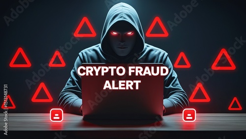 A mysterious hooded figure with glowing eyes warns of crypto fraud, surrounded by red alert symbols.