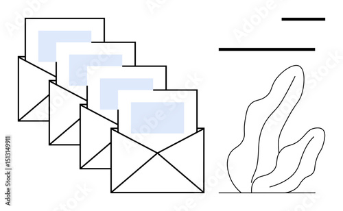 Multiple open envelopes with letters, geometric lines, abstract plant illustration. Ideal for communication, email marketing, business correspondence, newsletters, messaging, digital outreach simple