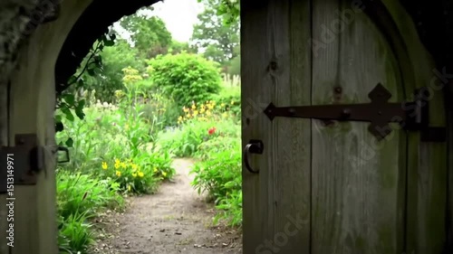 Old wooden garden door in a stone wall with ivy and plants