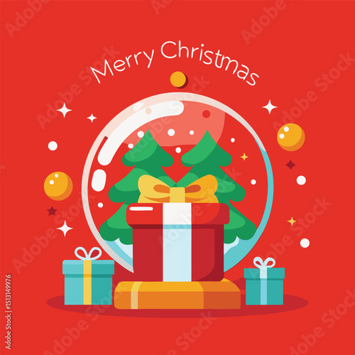 Merry christmas party glass ball and gift box for flyer brochure design on red background invitation theme concept. Happy holiday greeting banner and card