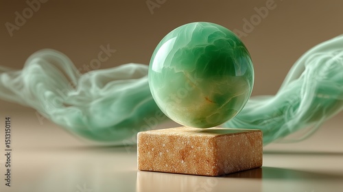 Jade stone hovering over a soft beige backdrop, surrounded by swirling green mist, minimalist luxury gem