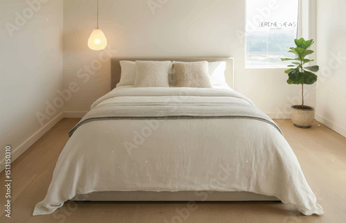 Minimalist Bedroom Interior with Neutral Bedding, Pendant Light, and Indoor Plant

