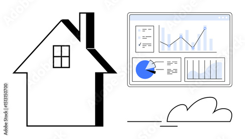 House with chimney, digital dashboard with data charts and graphs, cloud element. Ideal for real estate, housing market, data analysis, investment, home appraisal, property management simple landing