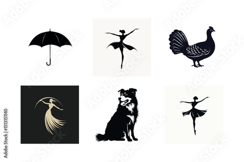 Collection of elegant black silhouettes umbrella ballerinas peacock dog
