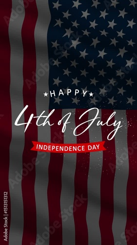 Happy 4th of July Animated Background with American Flag and Fireworks, Vertical Video