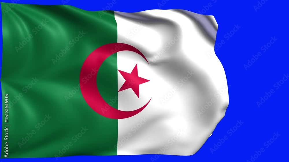 Animated flag of Algeria waving on blue screen background