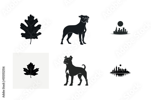 Silhouette set dog leaves cityscape logos
