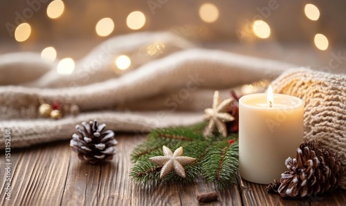 Empty wooden table with christmas theme in background