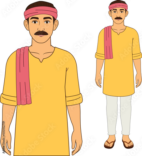  Indian Farmer Character in Traditional Outfit – Yellow Kurta, White Pajama, Red Headband and Gamcha – Indian Village Man Front Full Body and Close-Up Pose Illustration. 