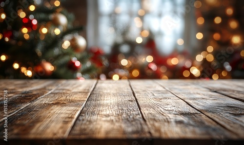 Empty wooden table with christmas theme in background