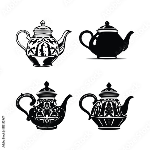 Vintage teapot collection vector illustration black and white drawing design graphic art teaware set antique style 100