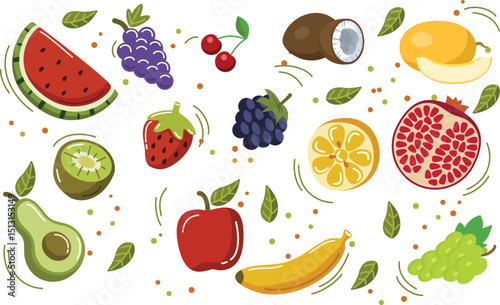 Colorful fruits and berries set. Trendy abstract minimal style. Natural tropical fruits. Fig, cherry, apple, peach, lemon, banana, avocado, pomegranate, pineapple, melon. Vector illustration.