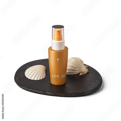 Red lipstick, a cosmetic cream bottle, and various beauty products for makeup and skin care