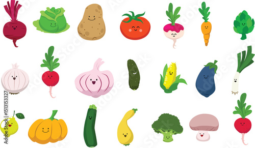 Hand drawn colorful vegetables and salad. Modern abstract minimal style. Healthy organic food. Tomatoes, onion, zucchini, eggplant, leek, potatoes, corn, peppers, beet. Vector flat illustration. 