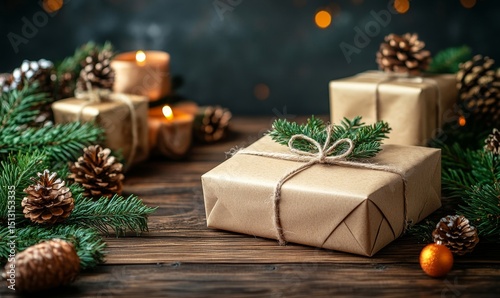 Empty wooden table with christmas theme in background