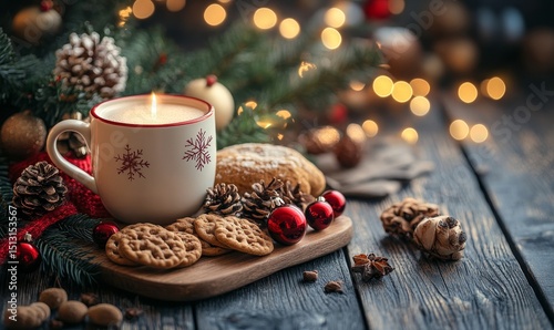 Empty wooden table with christmas theme in background