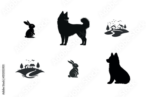 Silhouette set of rabbits dogs and houses