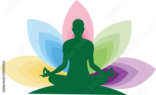 Silhouette of a person meditating in lotus pose with colorful abstract 
petals in the background, symbolizing peace, mindfulness, and spiritual wellness. 
Ideal for yoga 
and meditation themes.