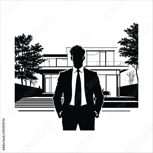 Real estate agent silhouette modern house luxury property investment architecture design vector illustration