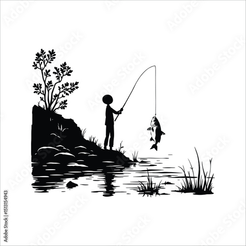 Fishing silhouette vector art with man catching fish in lake nature scene illustration design vector