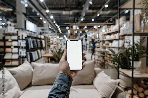 High Resolution Picture of Cu Caucasian Man Using His Phone Inside a Huge Home Furnishing Store