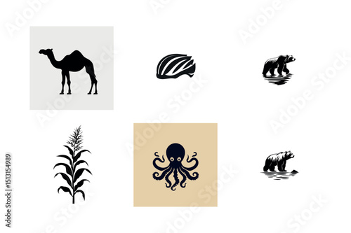 Collection of black and white animal and object silhouettes
