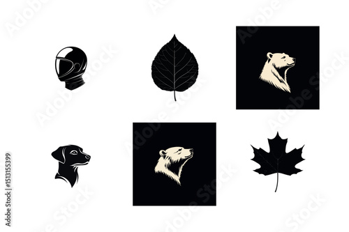 Black and white animal and nature icons set