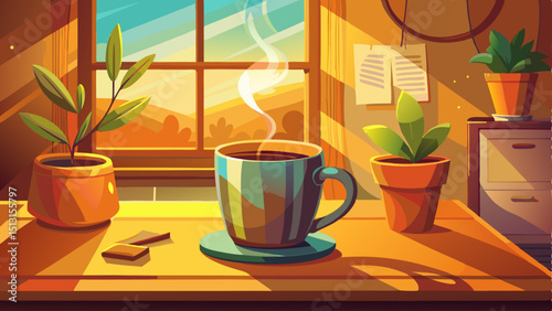 A warm coffee cup sits quietly on the wooden table, steam rising gently, surrounded by cozy morning light, evoking comfort, calmness, and the simple pleasure of daily life rituals.