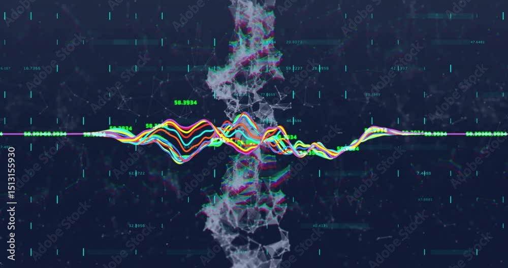 Neon line starting colorful waves rising and collapsing against pulsing mesh visualizing data