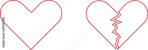 Heartbreak icon set. Broken heart or divorce vector collection isolated on transparent background. Outline drawing broken red hearts line clipart breakup symbol for apps and websites