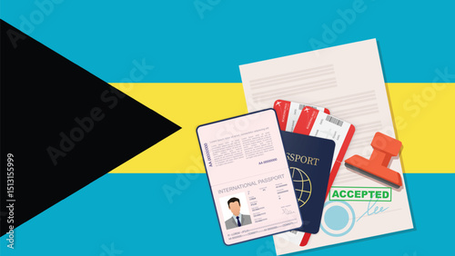 Visa and Passport to Bahamas. Bahamian Flag Background. Vector