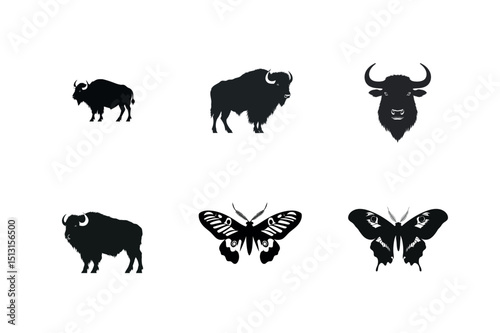 Silhouette set bison buffalo and moth insects