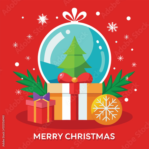 Merry christmas party glass ball and gift box for flyer brochure design on red background invitation theme concept. Happy holiday greeting banner and card