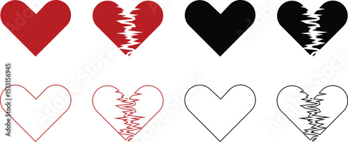 Heartbreak icon set. Broken heart or divorce vector collection isolated on transparent background. Outline drawing broken red hearts line clipart breakup symbol for apps and websites