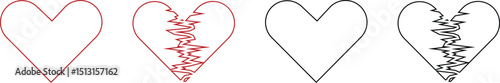 Heartbreak icon set. Broken heart or divorce vector collection isolated on transparent background. Outline drawing broken red hearts line clipart breakup symbol for apps and websites