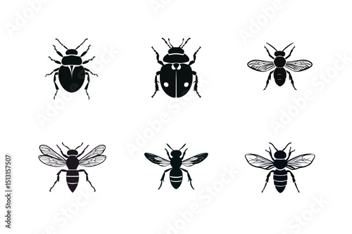 Six black silhouettes of insects bees beetles