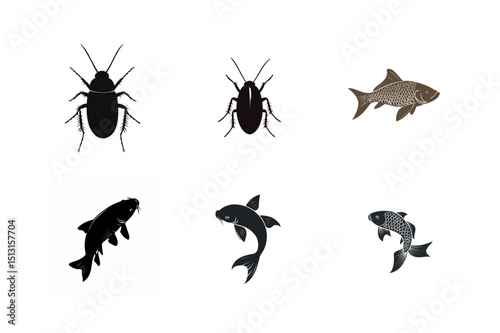 Silhouette illustrations of cockroaches and fish