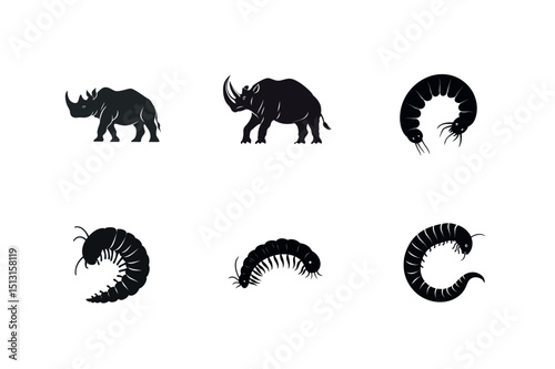 Rhino and centipede silhouettes set