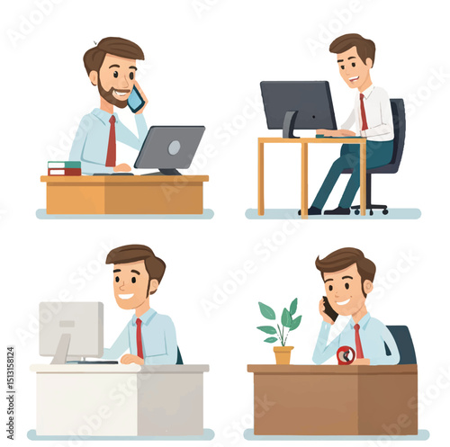 Office workplace with table, bookcase, window. Business man or a clerk working at her office desk. Flat vector illustration.