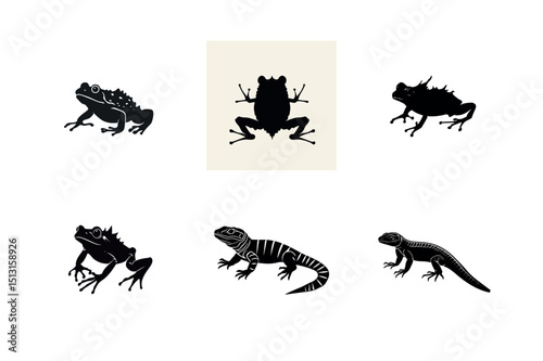 Silhouette collection of frogs and lizards