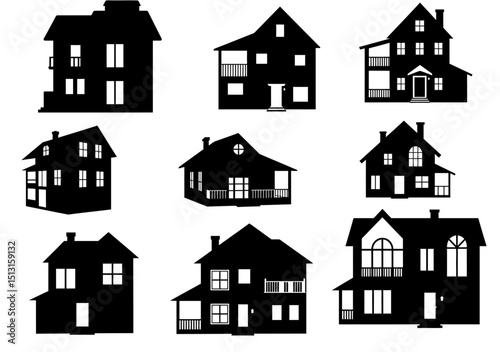 Silhouette of nine distinct houses arranged in a gridlike pattern against a white background