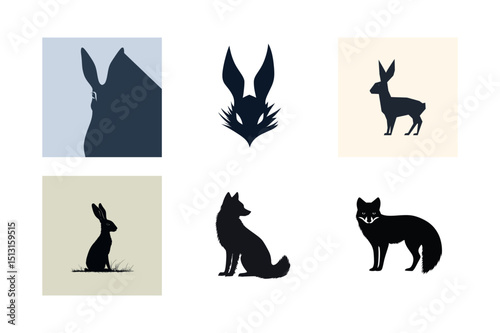 Six minimalist animal silhouettes rabbit fox and mule