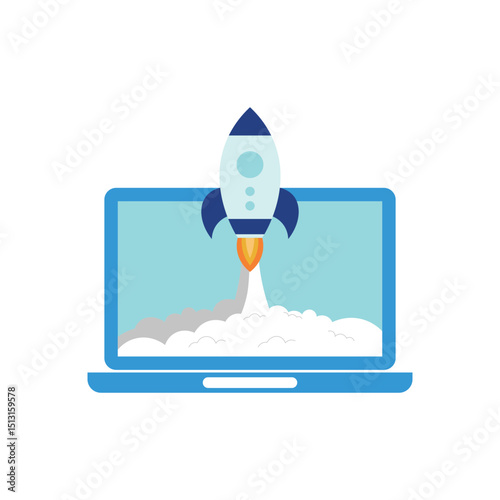 Rocket Launching from Laptop – Startup Growth and Innovation Concept in Minimal Style