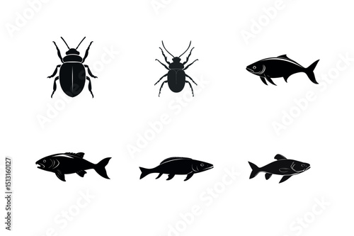 Silhouette icons of insects and fish