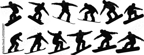 Snowboarder Silhouettes Performing Tricks and Jumps - Extreme Winter Sports Action
