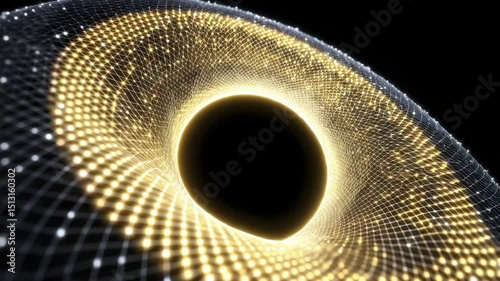 Abstract digital grid structure with a dark central void creates a visual portal.
